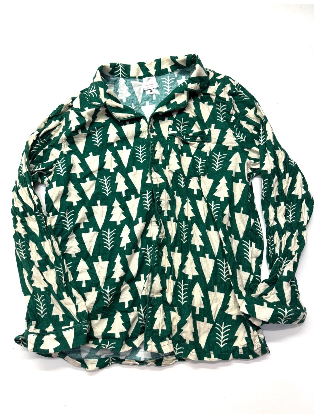 Hanna Andersson Adults Flannel Christmas Tree Print Pajama Top Green